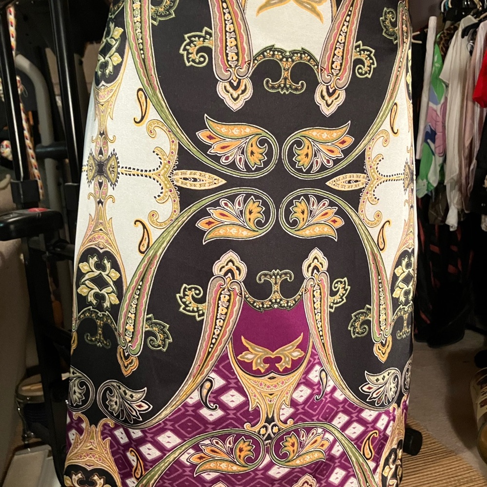 Vince Camuto Black Paisley Print Midi Skirt with Gold and Purple Accents
